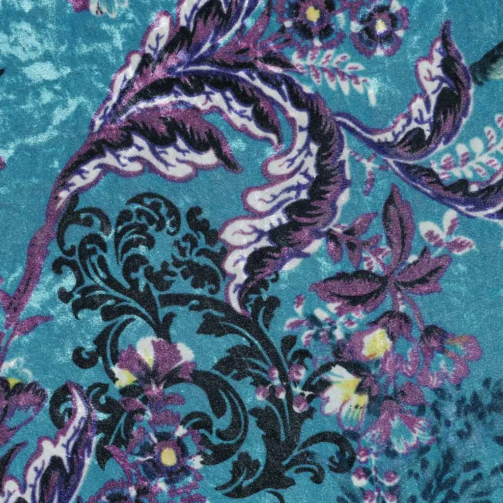 Chelsea - Turquoise Scrolling Leaves Velour Jersey Fabric