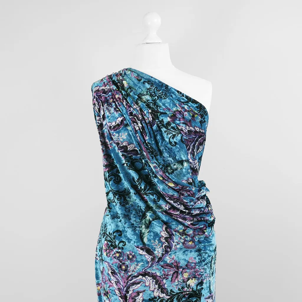 Chelsea - Turquoise Scrolling Leaves Velour Jersey Fabric