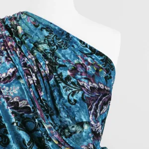 Chelsea - Turquoise Scrolling Leaves Velour Jersey Fabric