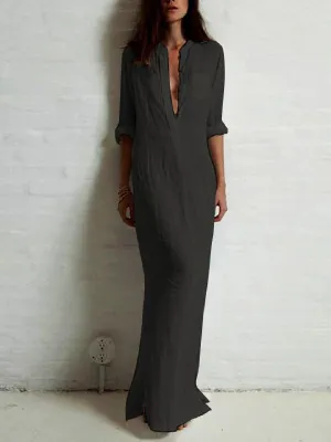 Chicmy-Simple Ramie Cotton Solid Color Split-Side Maxi Dress