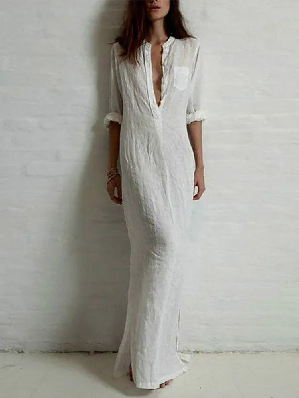 Chicmy-Simple Ramie Cotton Solid Color Split-Side Maxi Dress