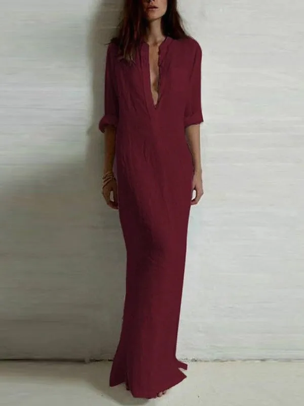 Chicmy-Simple Ramie Cotton Solid Color Split-Side Maxi Dress