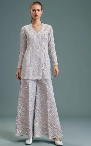 Chiffon Chikankari Embroidered  Angrakha with Net embroidered trouser