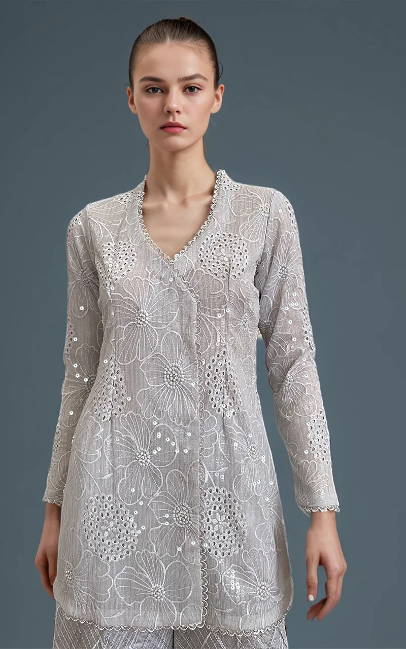 Chiffon Chikankari Embroidered  Angrakha with Net embroidered trouser