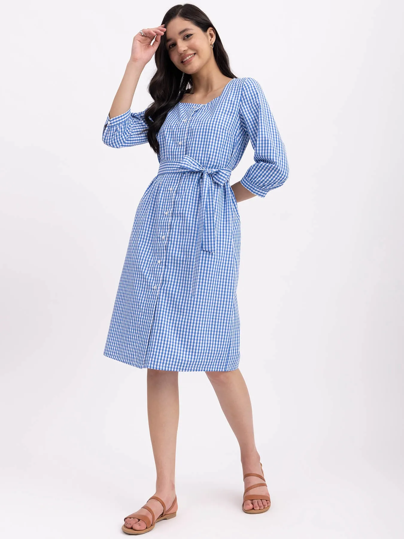 Cotton Checkered Square Neck Dress - Blue And White