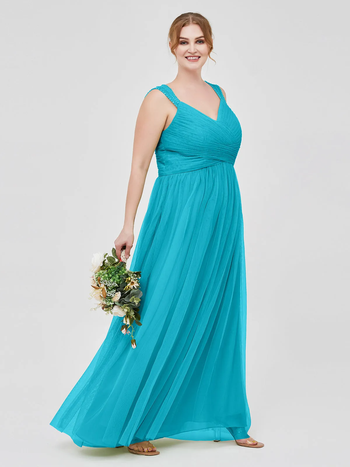 Cross-Pleated Tulle Long Dresses with Beaded Straps Jade Plus Size