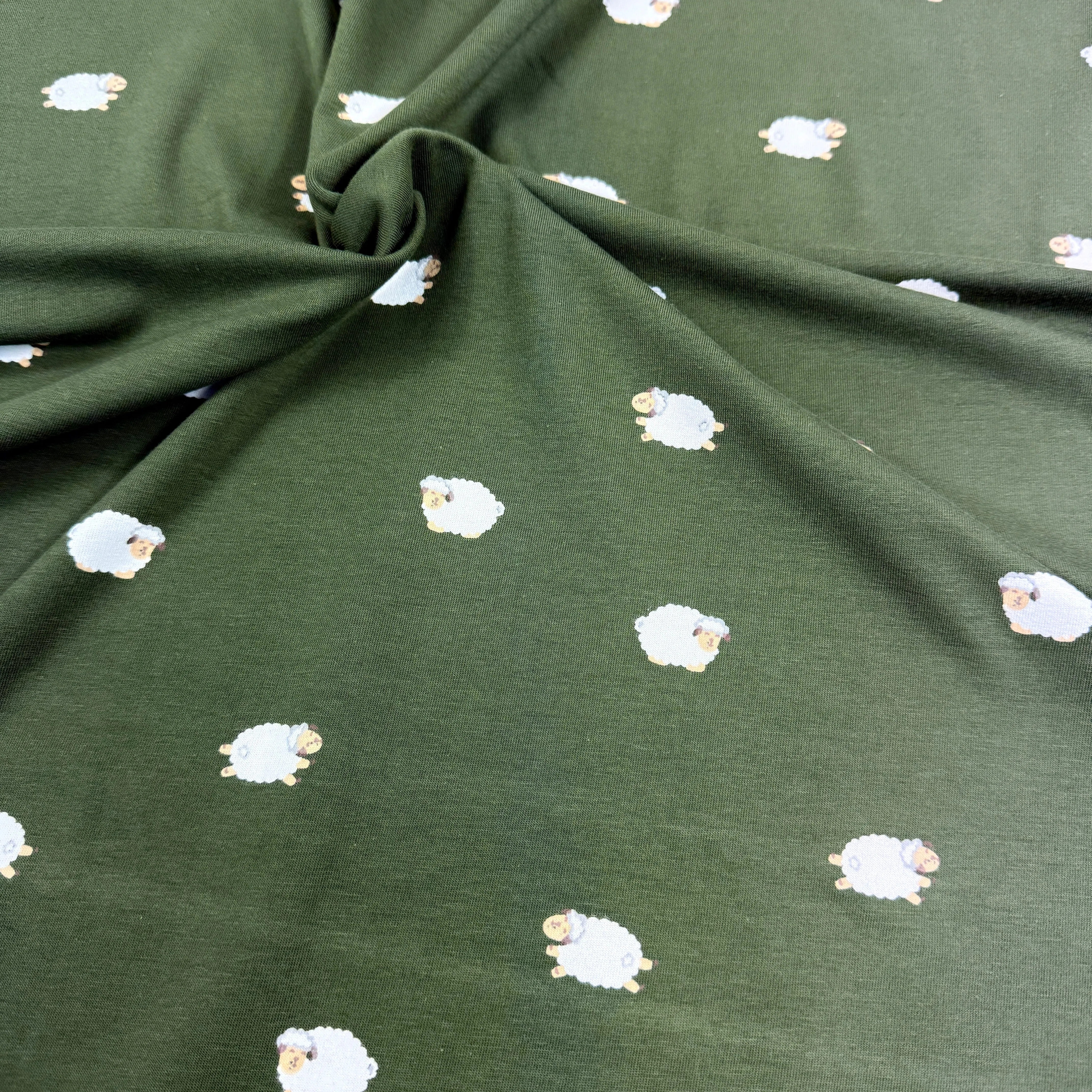 Cute Sheep - Printed Cotton Jersey - Green