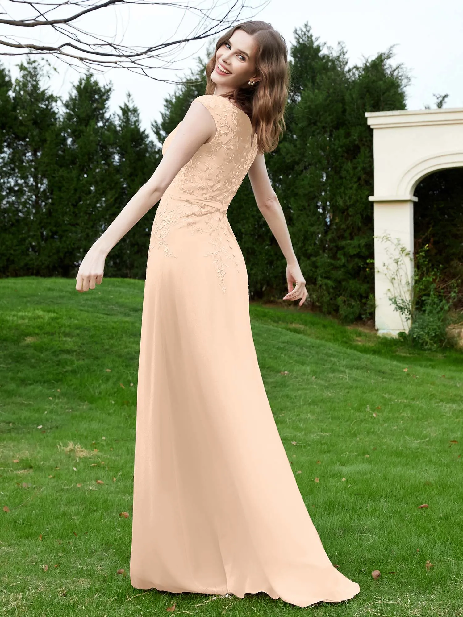 Elegant Illusion Lace Appliqued Dress With Buttons Peach Plus Size