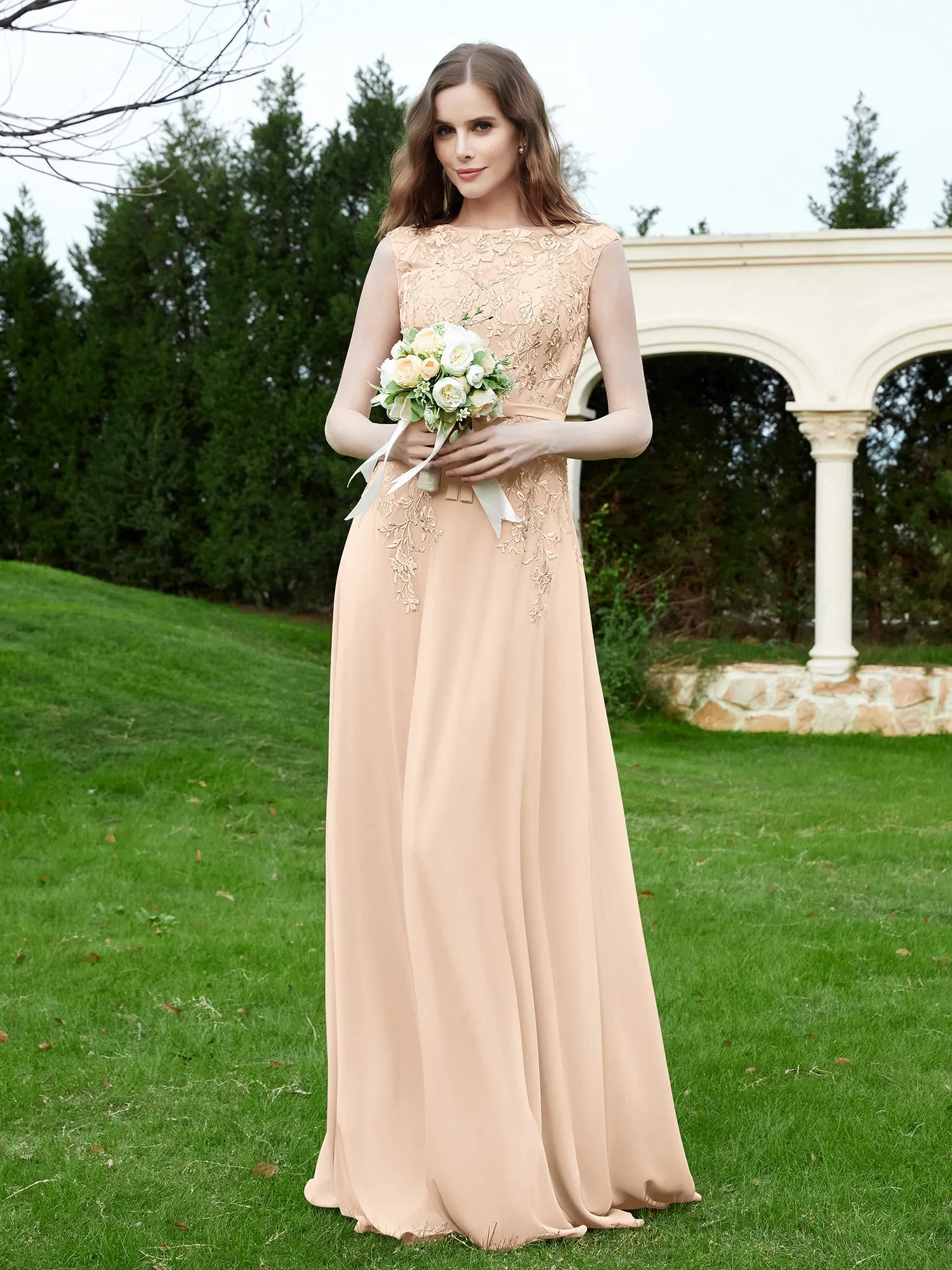 Elegant Illusion Lace Appliqued Dress With Buttons Peach Plus Size