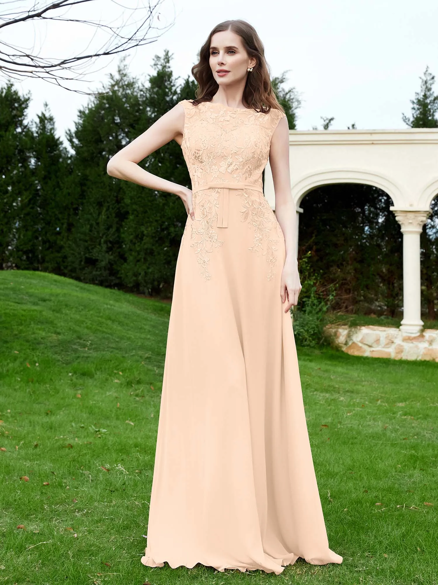Elegant Illusion Lace Appliqued Dress With Buttons Peach Plus Size