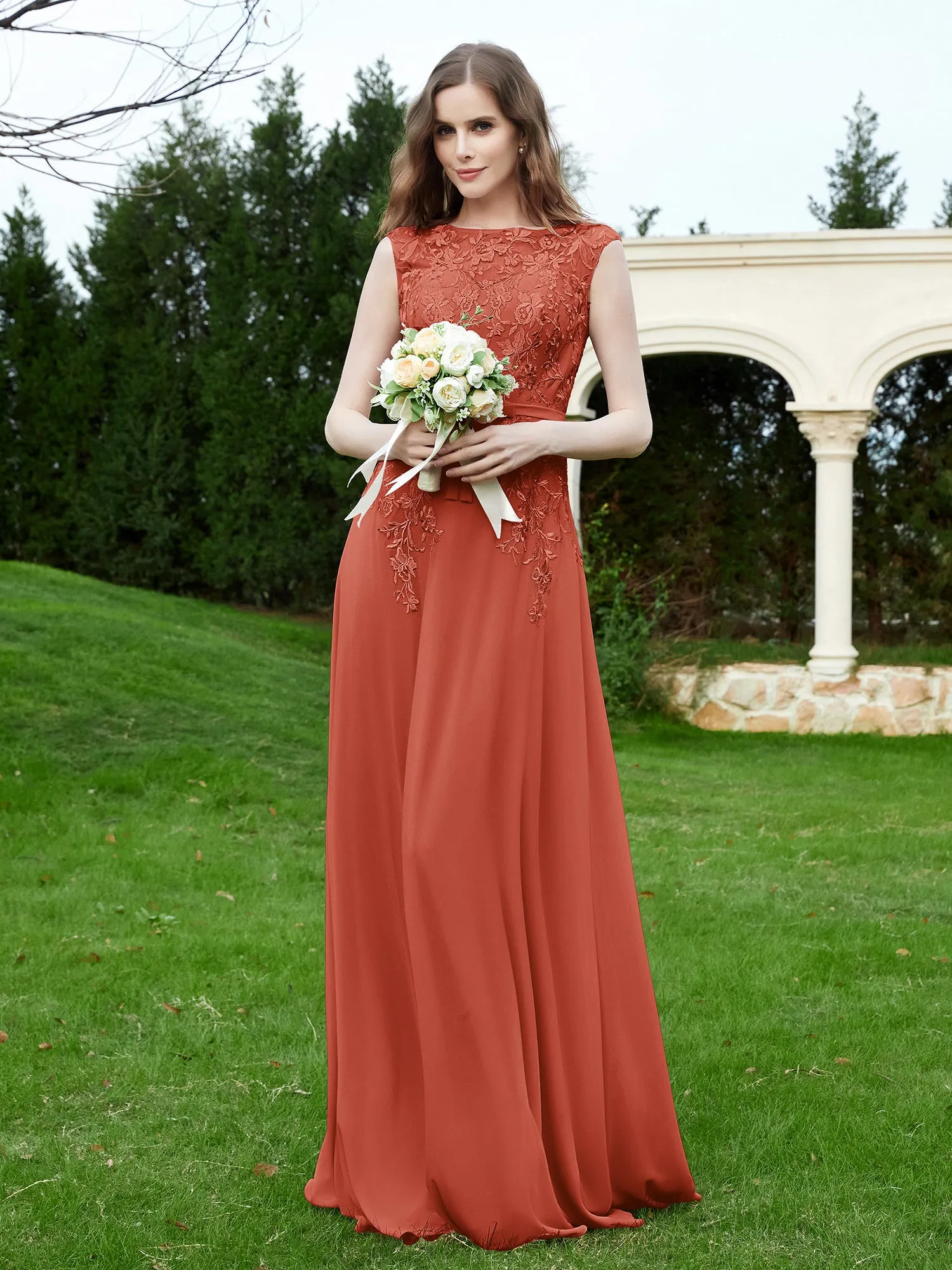 Elegant Illusion Lace Appliqued Dress With Buttons Rust Plus Size
