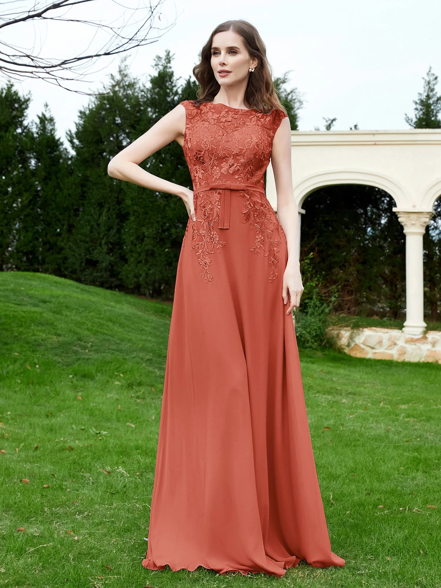 Elegant Illusion Lace Appliqued Dress With Buttons Rust Plus Size