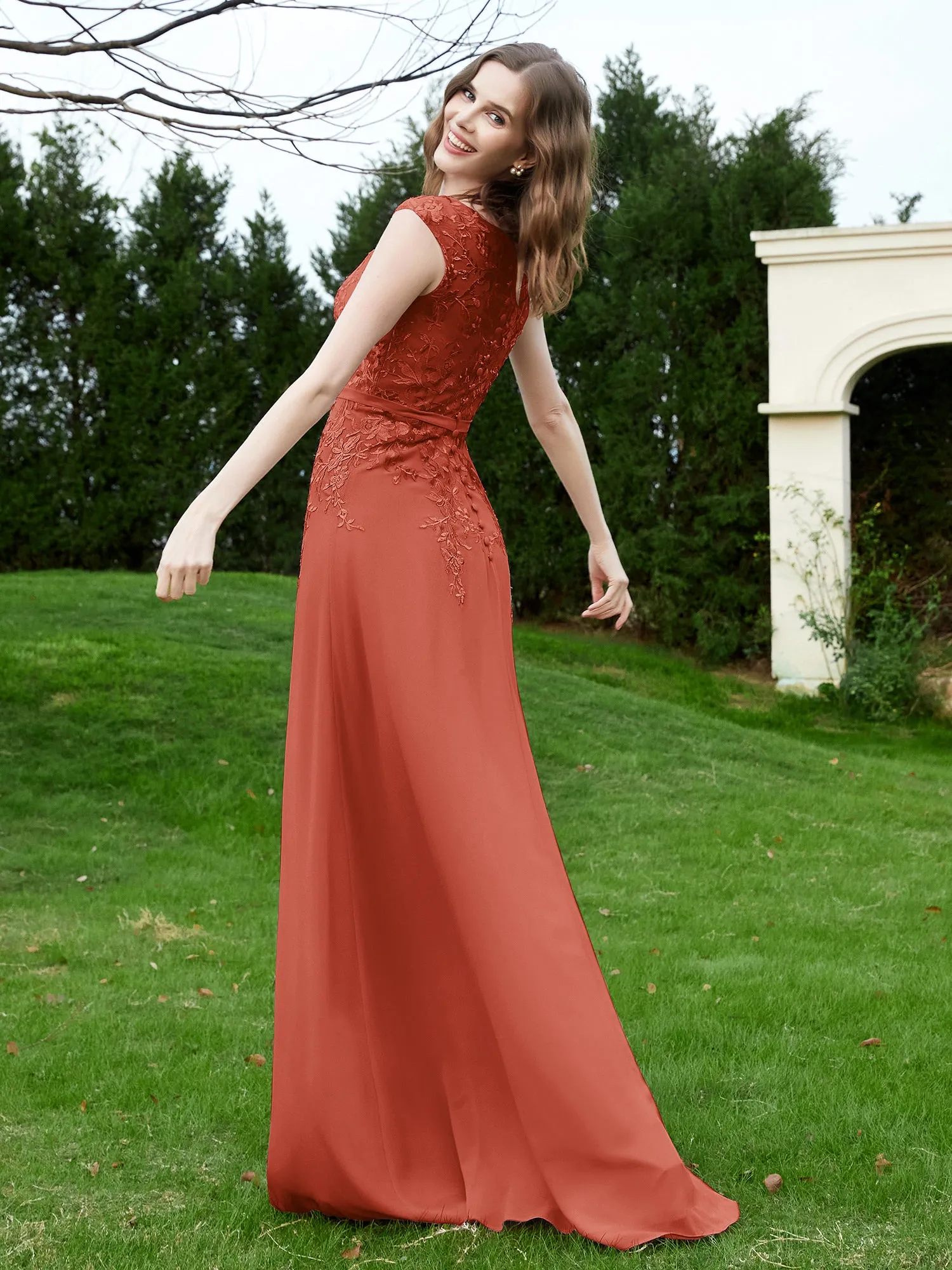 Elegant Illusion Lace Appliqued Dress With Buttons Rust Plus Size