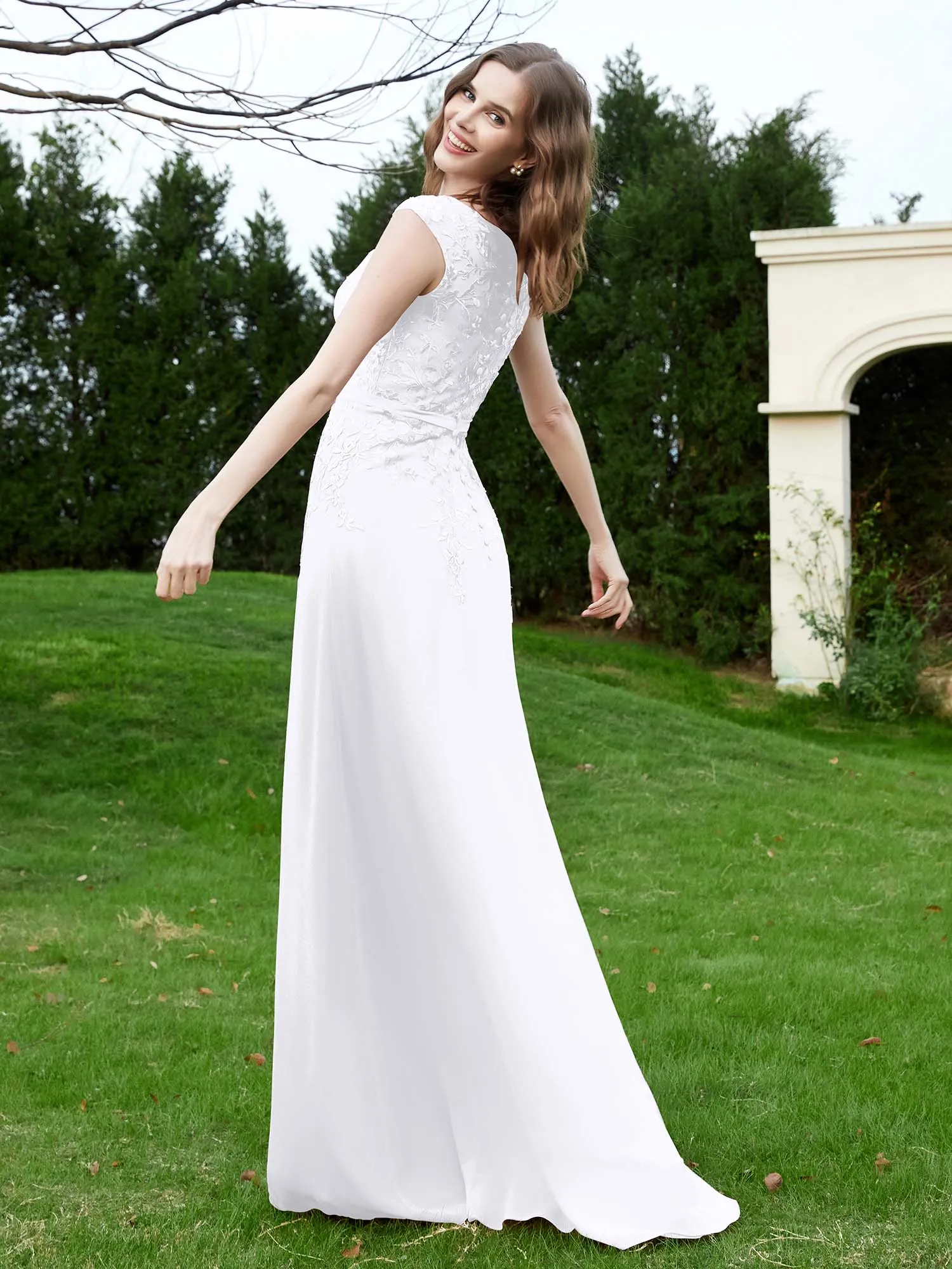 Elegant Illusion Lace Appliqued Dress With Buttons White Plus Size