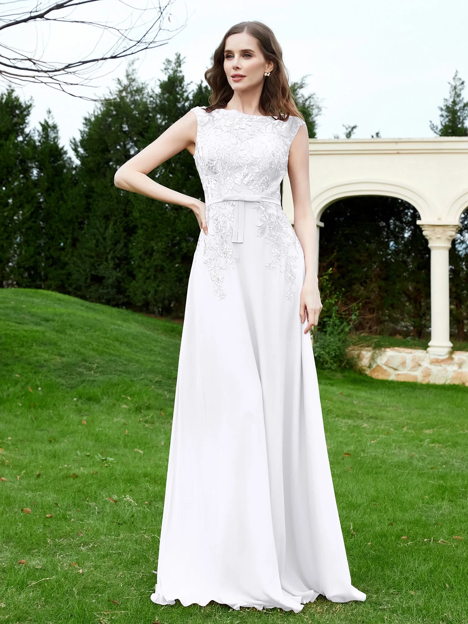 Elegant Illusion Lace Appliqued Dress With Buttons White Plus Size