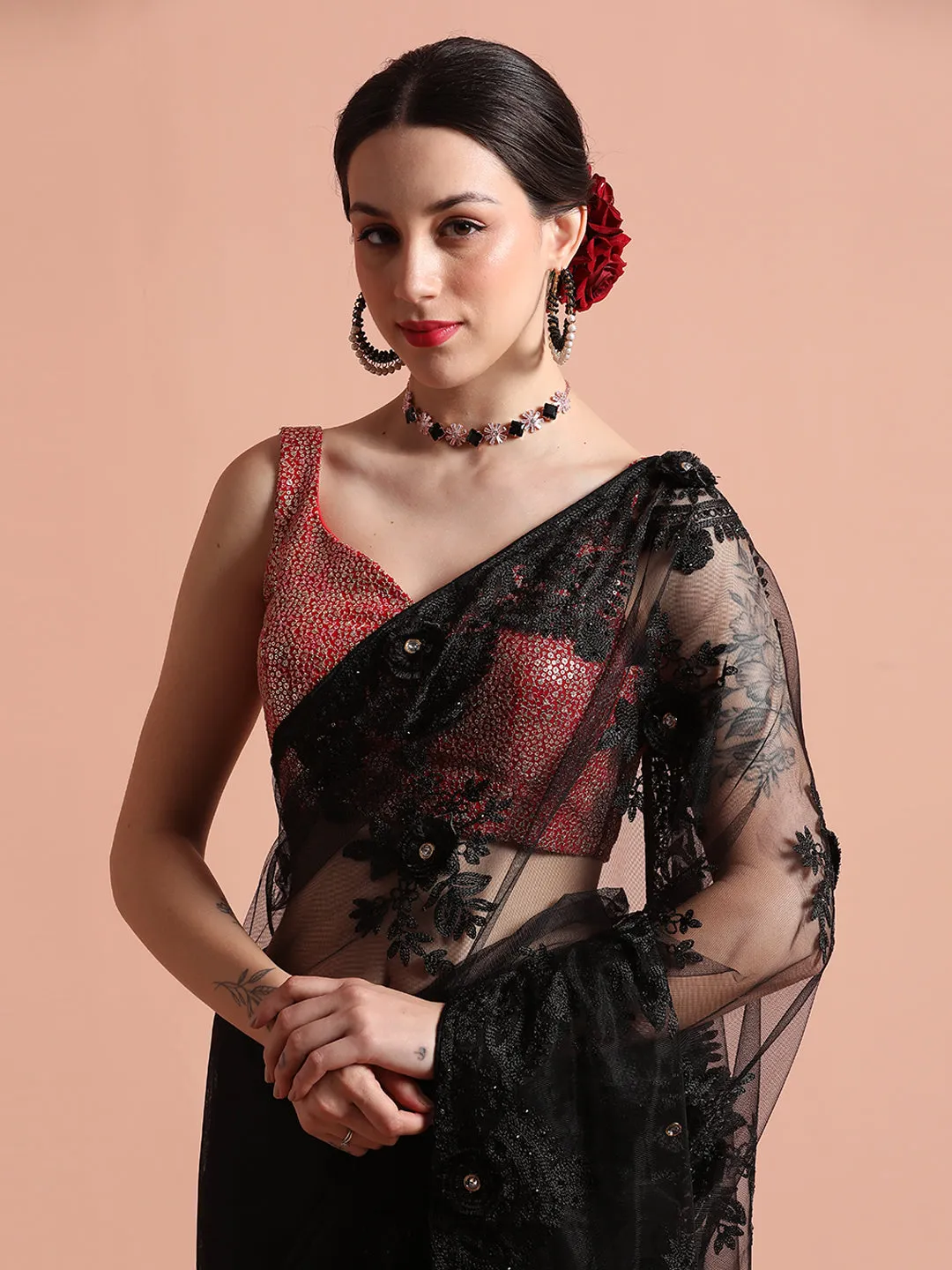 Embroidered Net Party Wear Black Saree