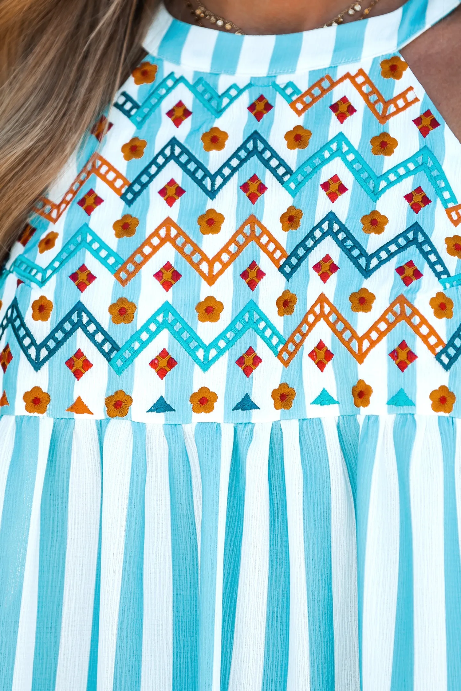 Embroidered Striped Sleeveless Mini Dress