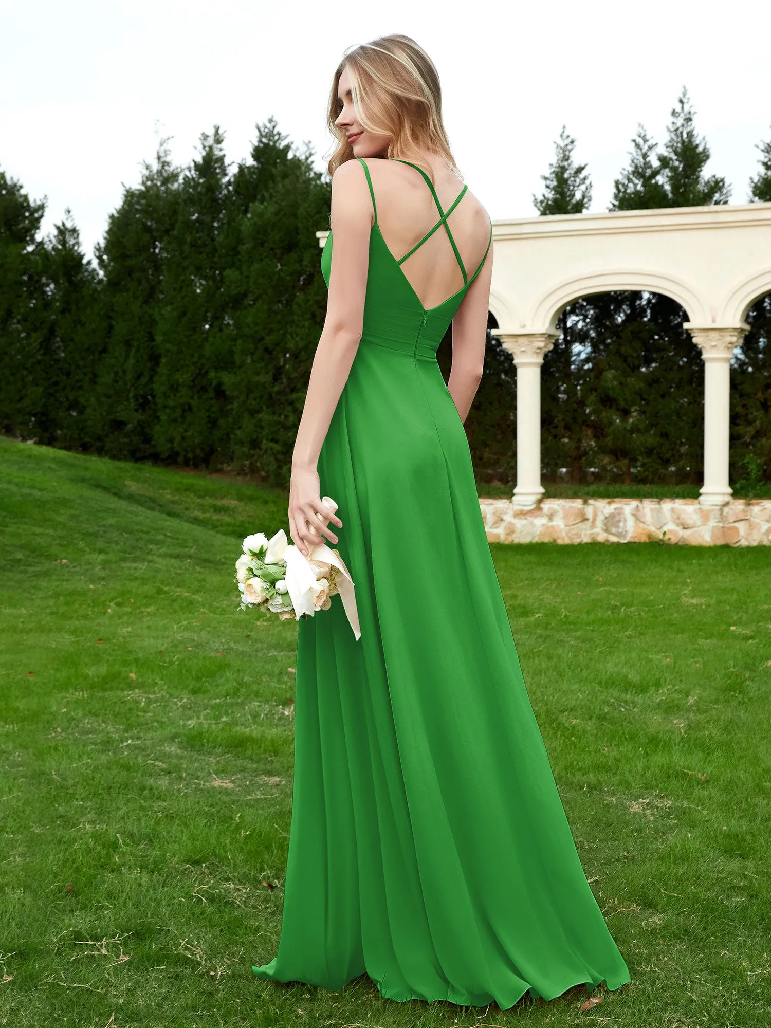 Floor Length V Neck Chiffon Bridesmaid Gown Green
