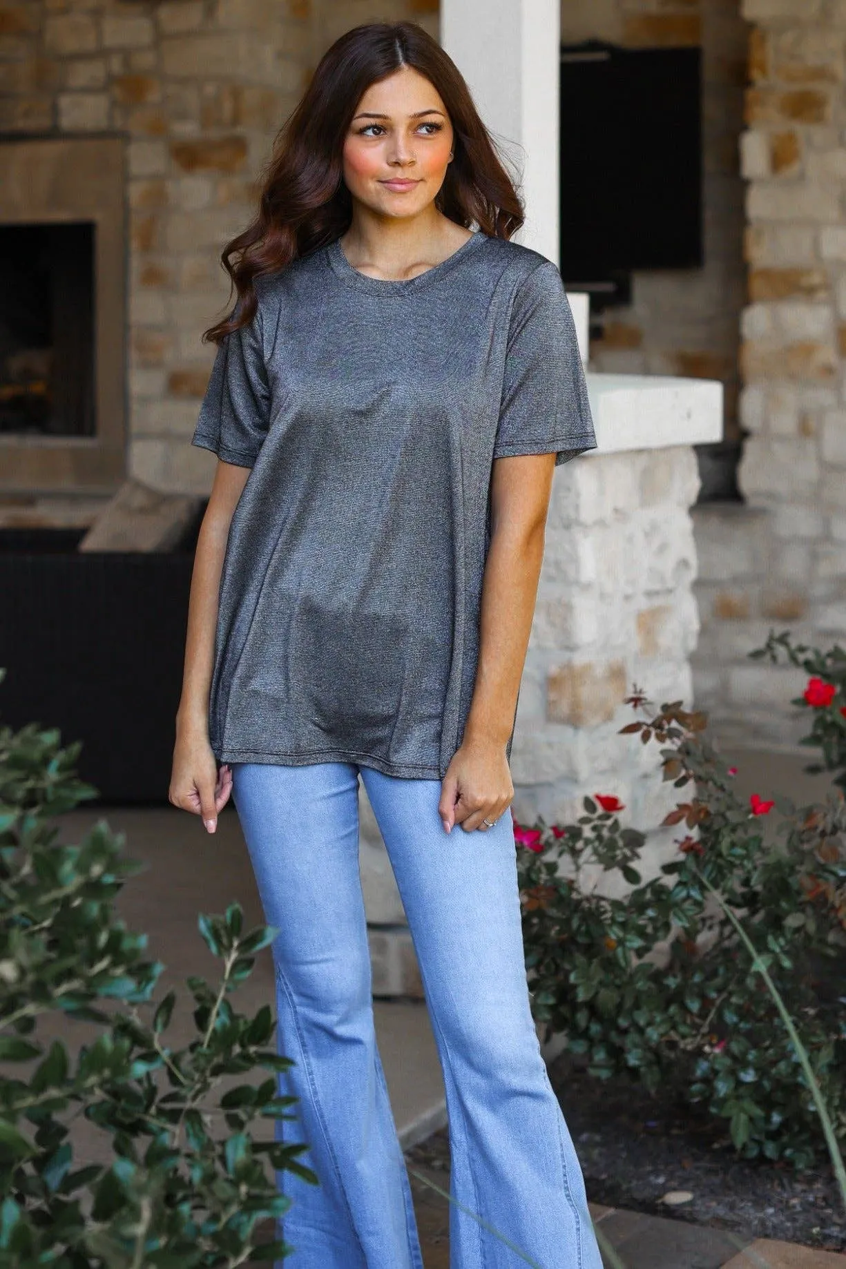 Glitter Short Sleeve  T Shirt in Black