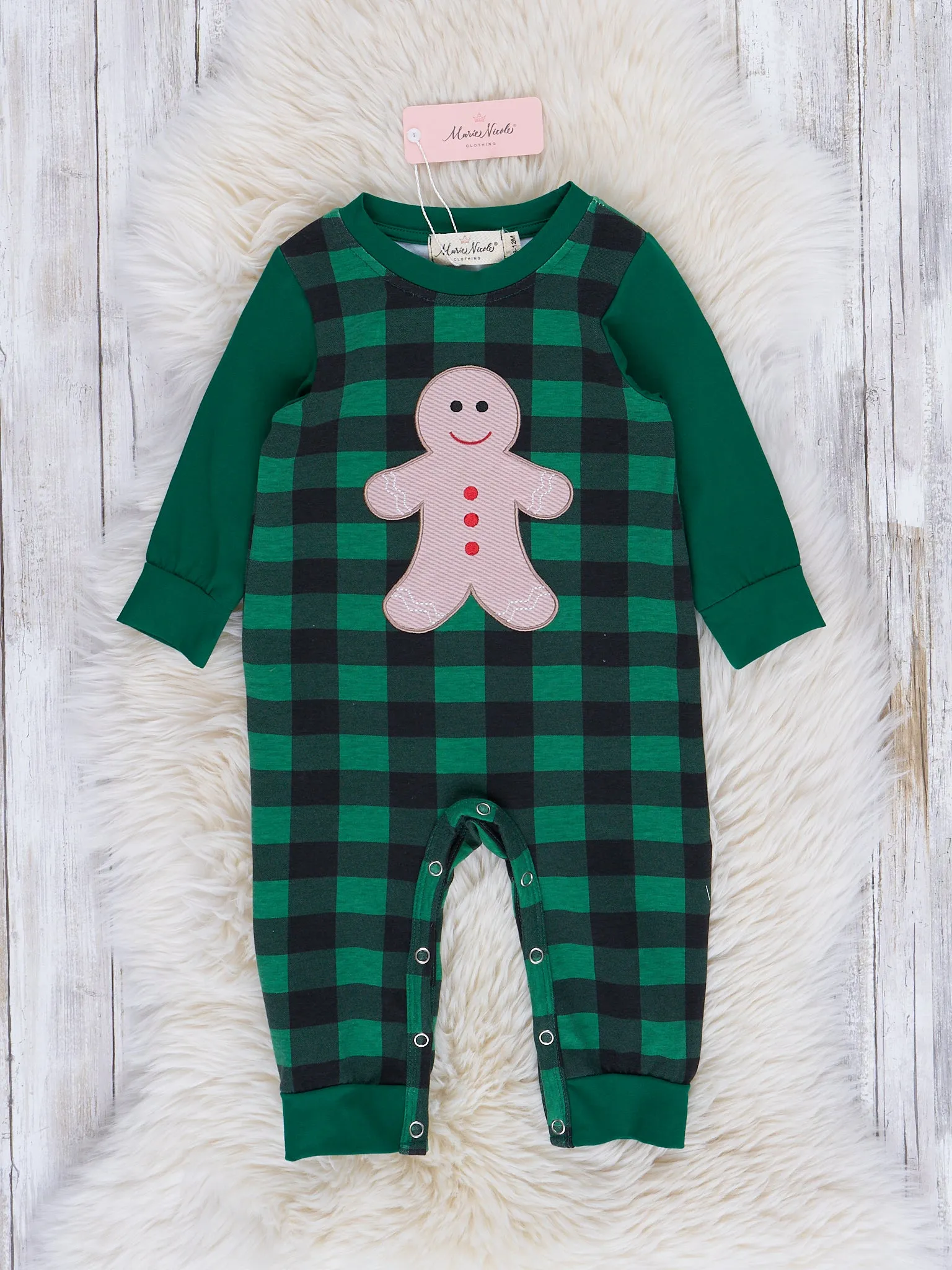 Green Buffalo Plaid Embroidered Gingerbread Romper