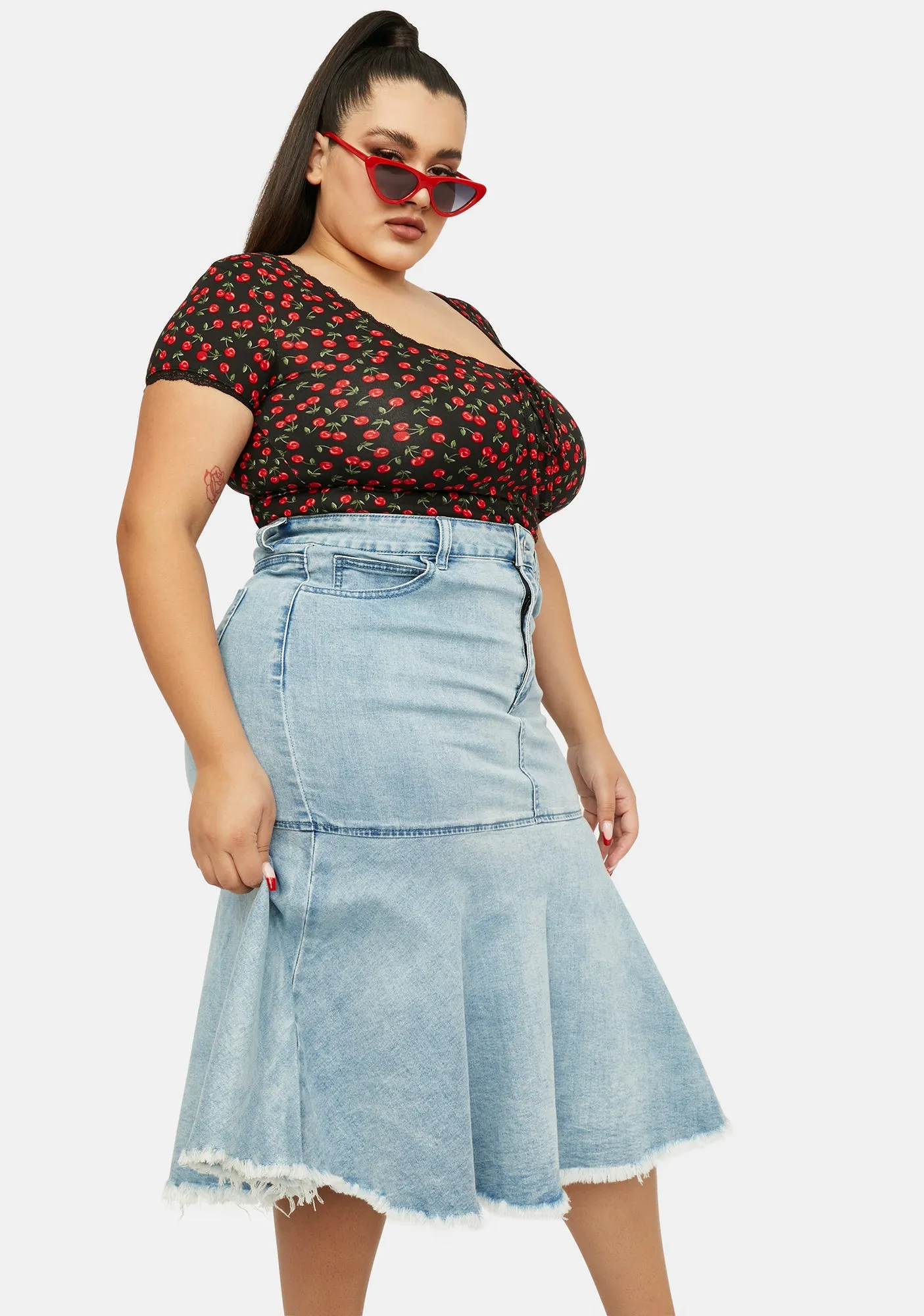 Her Shades Of Cool Flared Denim Midi Skirt