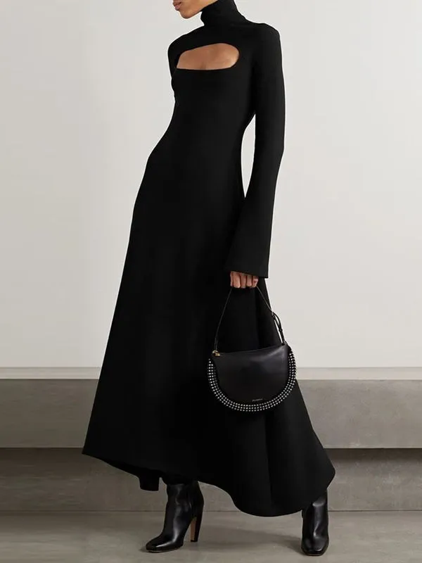 Hollow Solid Color Long Sleeves Skinny High Neck Maxi Dresses