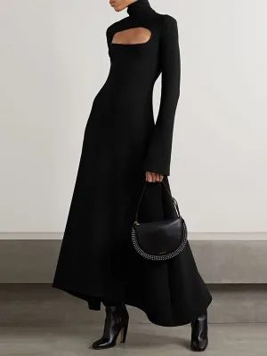 Hollow Solid Color Long Sleeves Skinny High Neck Maxi Dresses