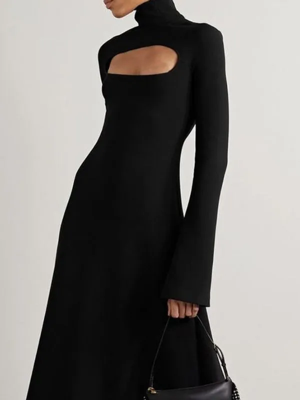 Hollow Solid Color Long Sleeves Skinny High Neck Maxi Dresses