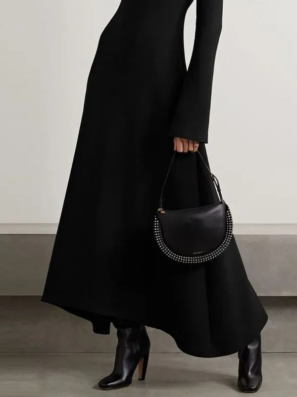 Hollow Solid Color Long Sleeves Skinny High Neck Maxi Dresses