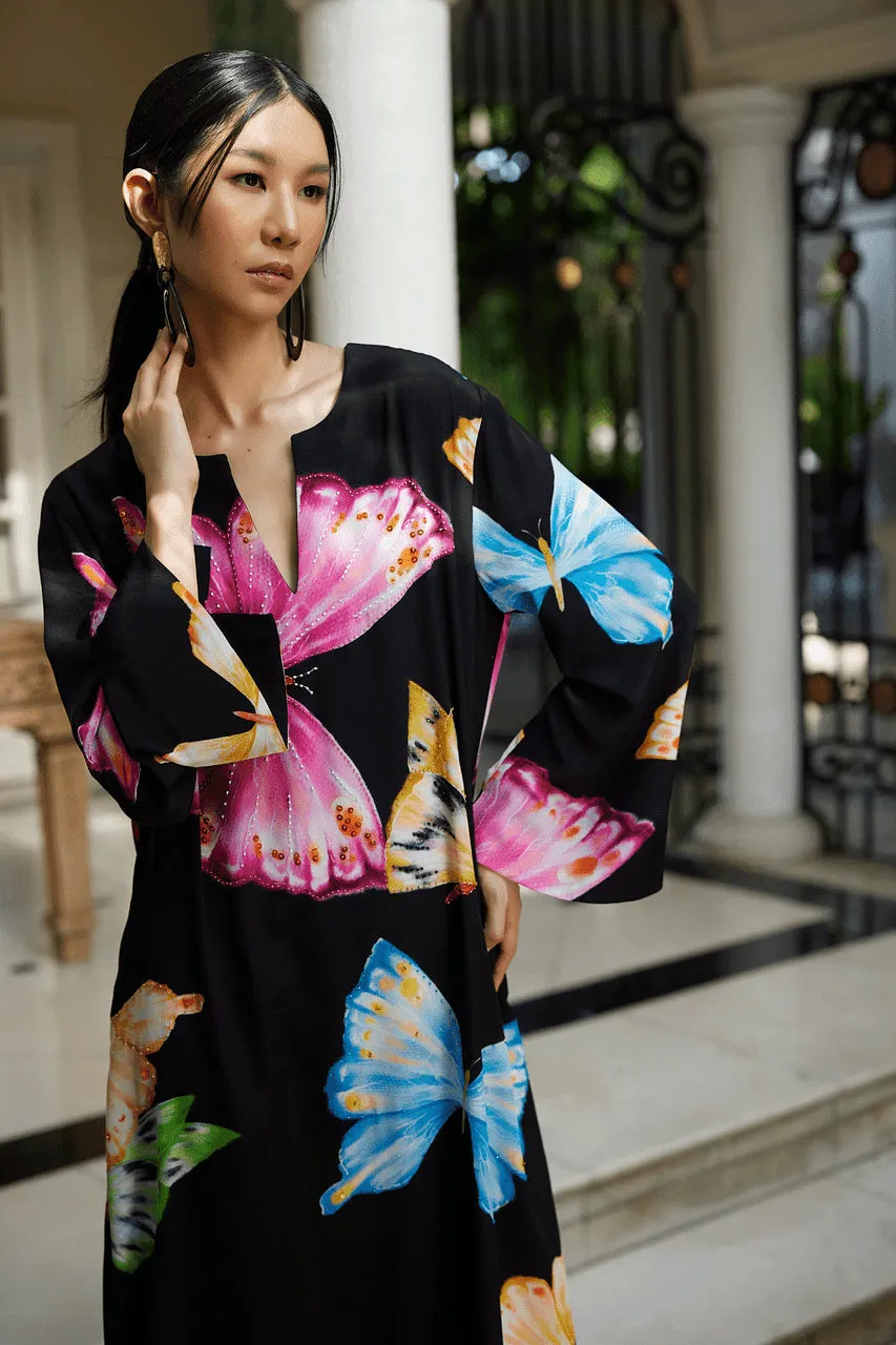Kyoko Butterfly Beaded Silk Tassel Caftan