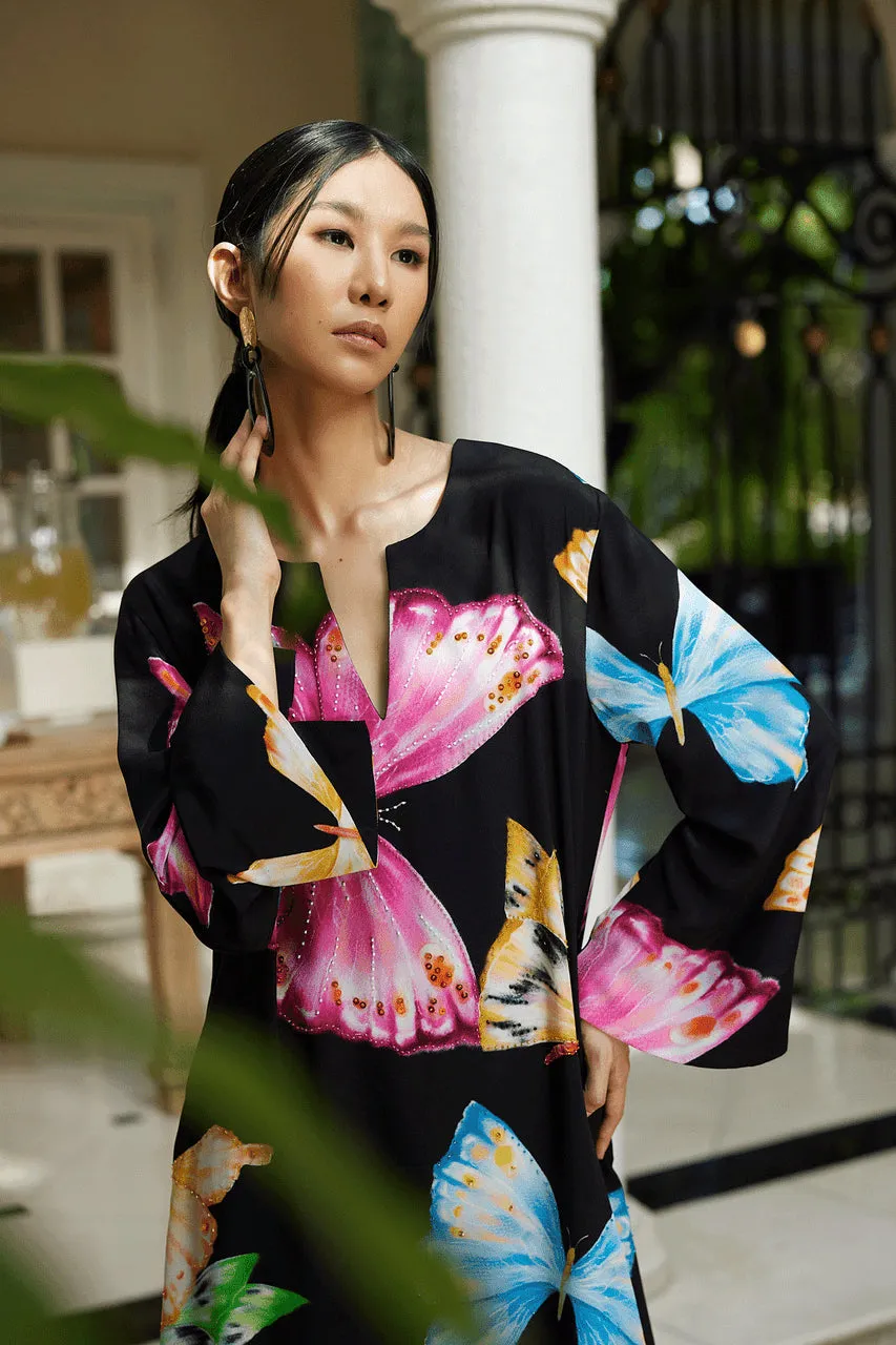 Kyoko Butterfly Beaded Silk Tassel Caftan