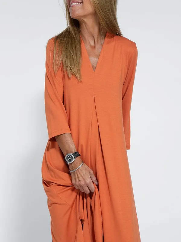 Long Sleeves Loose Solid Color Split-Side V-Neck Maxi Dresses