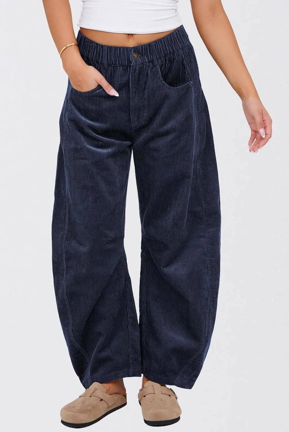 loveimgs Women Casual Corduroy Pants Y2k Barrel Pants Wide Leg Cargo Harem Pants Elastic Waist Baggy Long Trousers