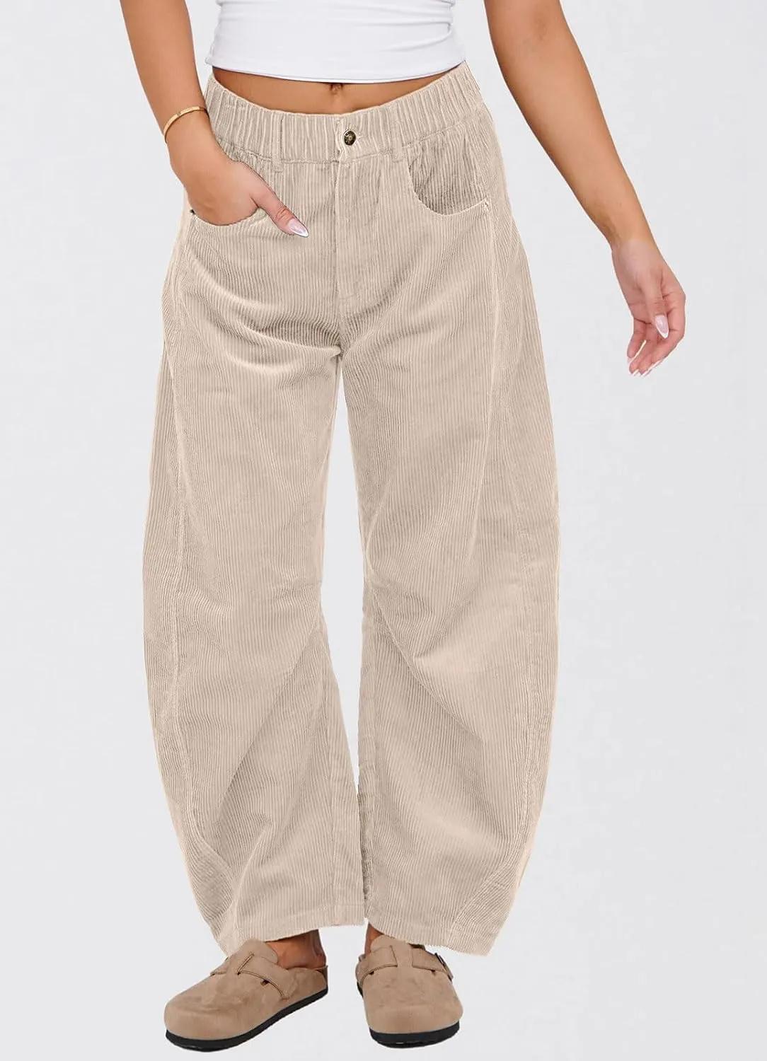 loveimgs Women Casual Corduroy Pants Y2k Barrel Pants Wide Leg Cargo Harem Pants Elastic Waist Baggy Long Trousers
