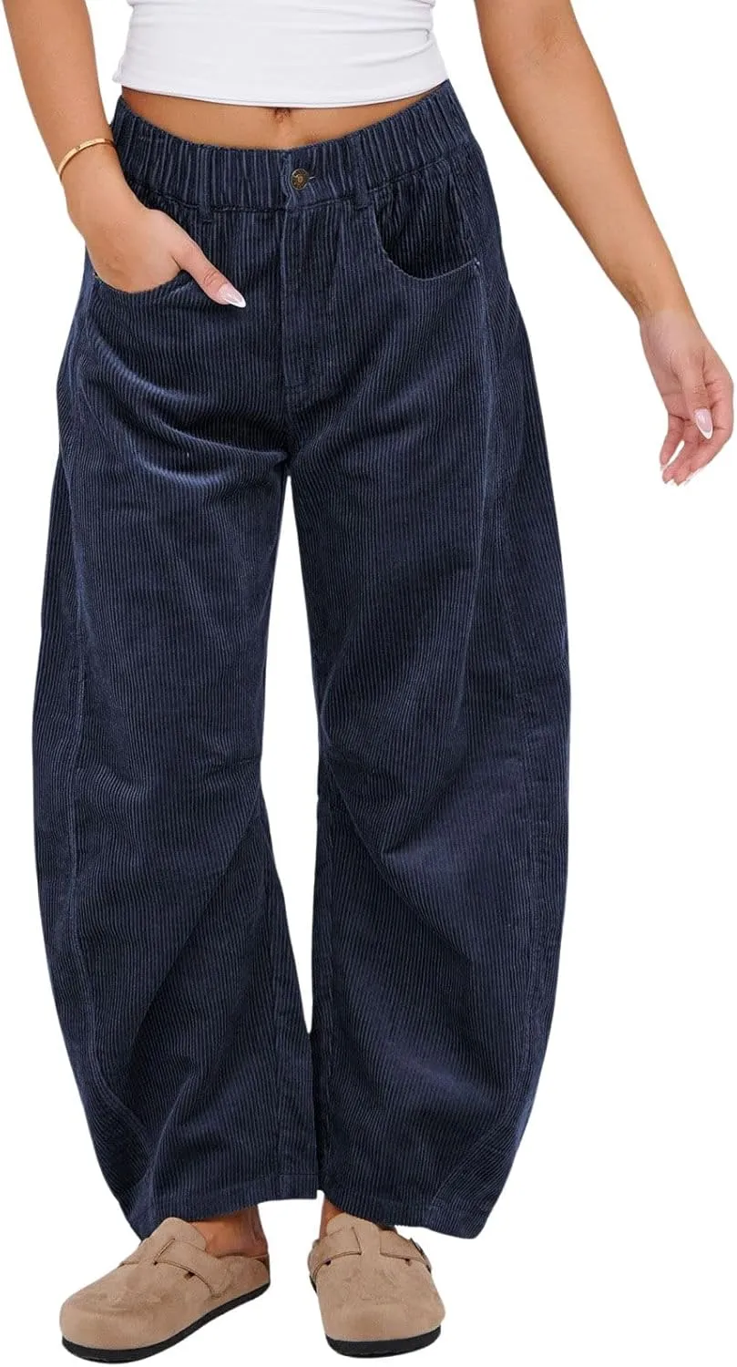 loveimgs Women Casual Corduroy Pants Y2k Barrel Pants Wide Leg Cargo Harem Pants Elastic Waist Baggy Long Trousers