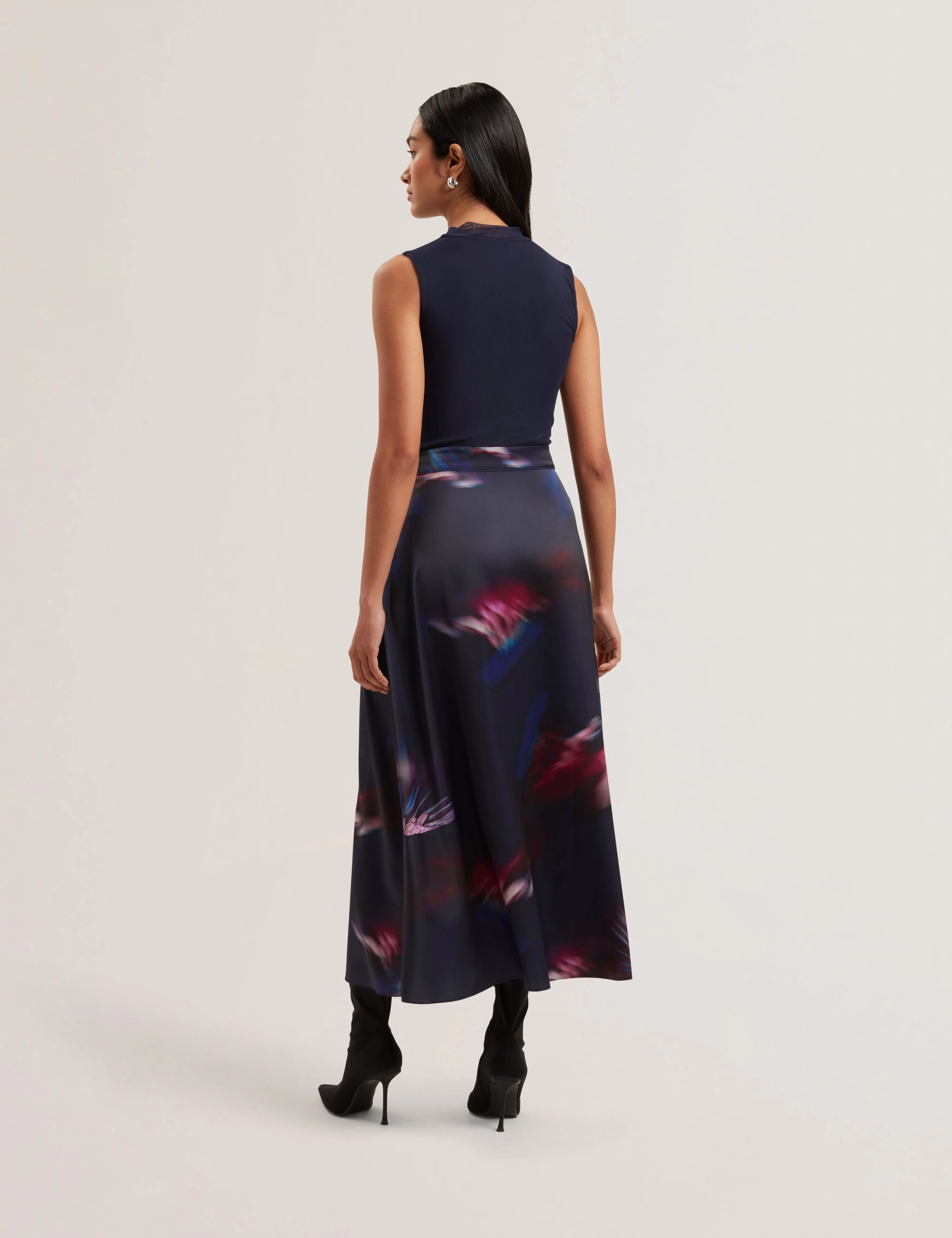 Marlyee Jersey High Neck Top Printed Midi Skirt Navy
