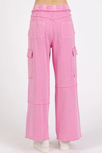 Mittoshop Pink Mineral Wash Elastic Waist Cargo Wide Leg Pants
