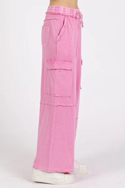 Mittoshop Pink Mineral Wash Elastic Waist Cargo Wide Leg Pants