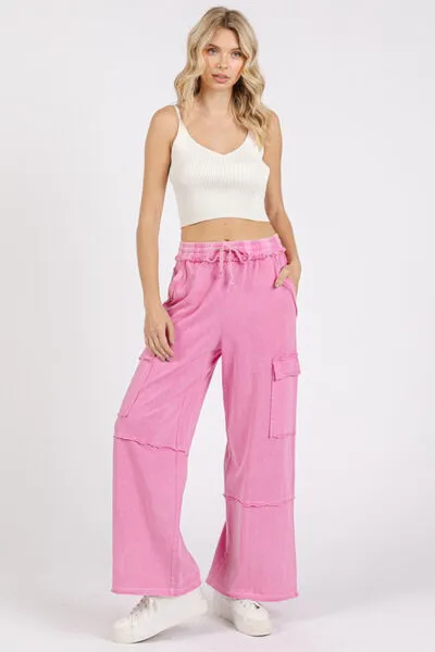 Mittoshop Pink Mineral Wash Elastic Waist Cargo Wide Leg Pants