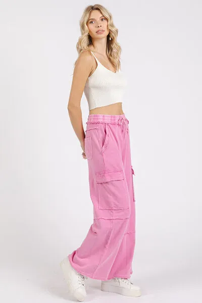 Mittoshop Pink Mineral Wash Elastic Waist Cargo Wide Leg Pants