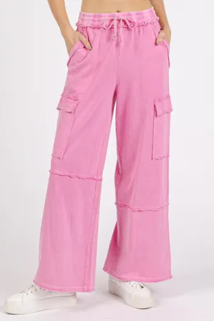 Mittoshop Pink Mineral Wash Elastic Waist Cargo Wide Leg Pants