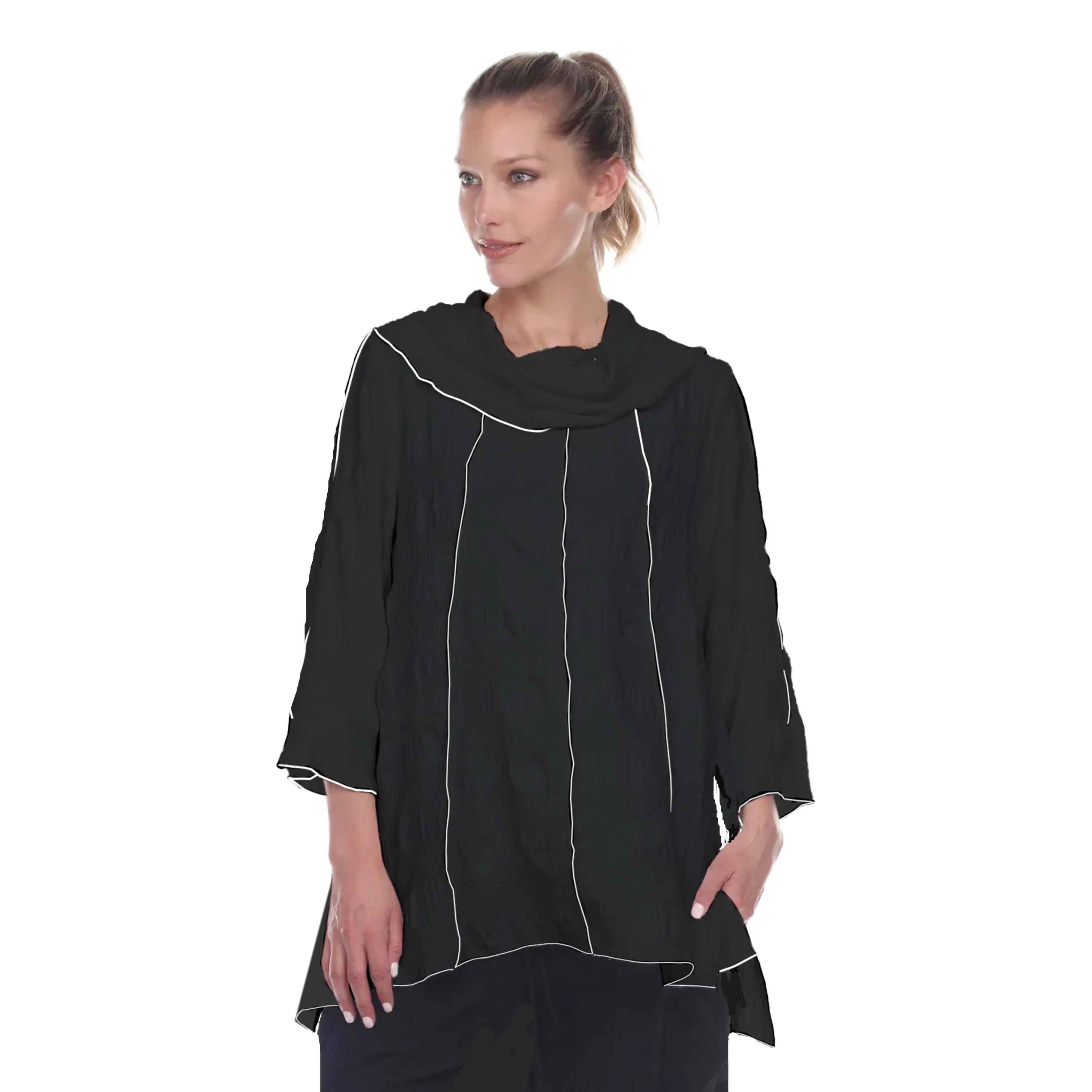 Moonlight Cowl-Neck Tunic in Black W/ White Trim - 3119-BLK