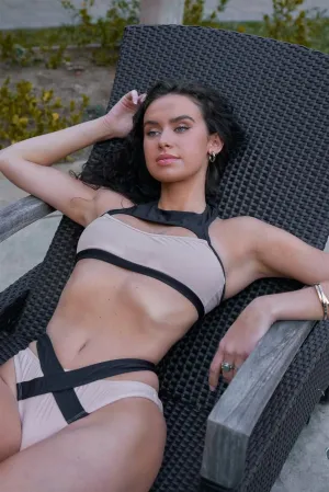 Nude & Black High Neck Cut-Out Top & High LegCriss-Cross DetailBottom Sporty Bikini Set /2-2-1