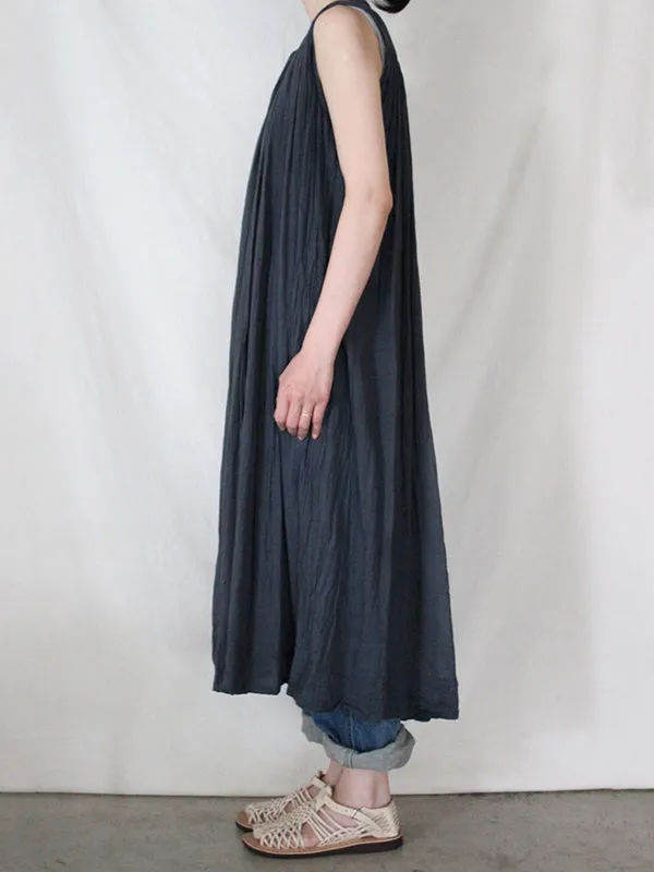 Pleated See-Through Loose Sleeveless Round-Neck Midi Dresses