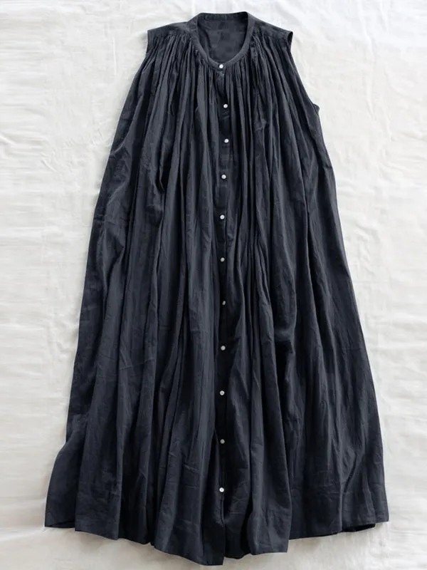 Pleated See-Through Loose Sleeveless Round-Neck Midi Dresses