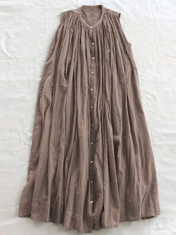 Pleated See-Through Loose Sleeveless Round-Neck Midi Dresses