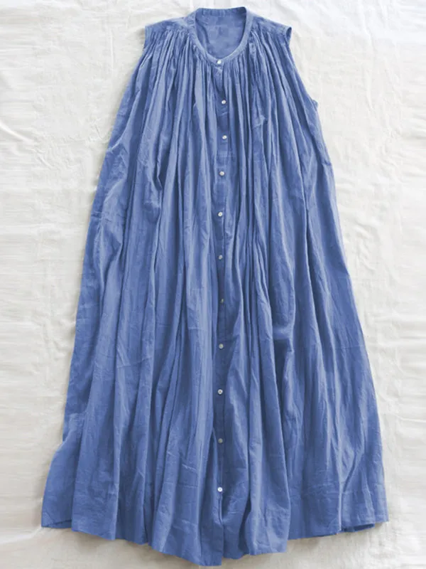 Pleated See-Through Loose Sleeveless Round-Neck Midi Dresses