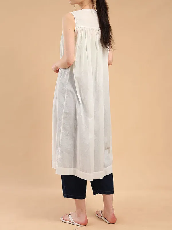 Pleated See-Through Loose Sleeveless Round-Neck Midi Dresses