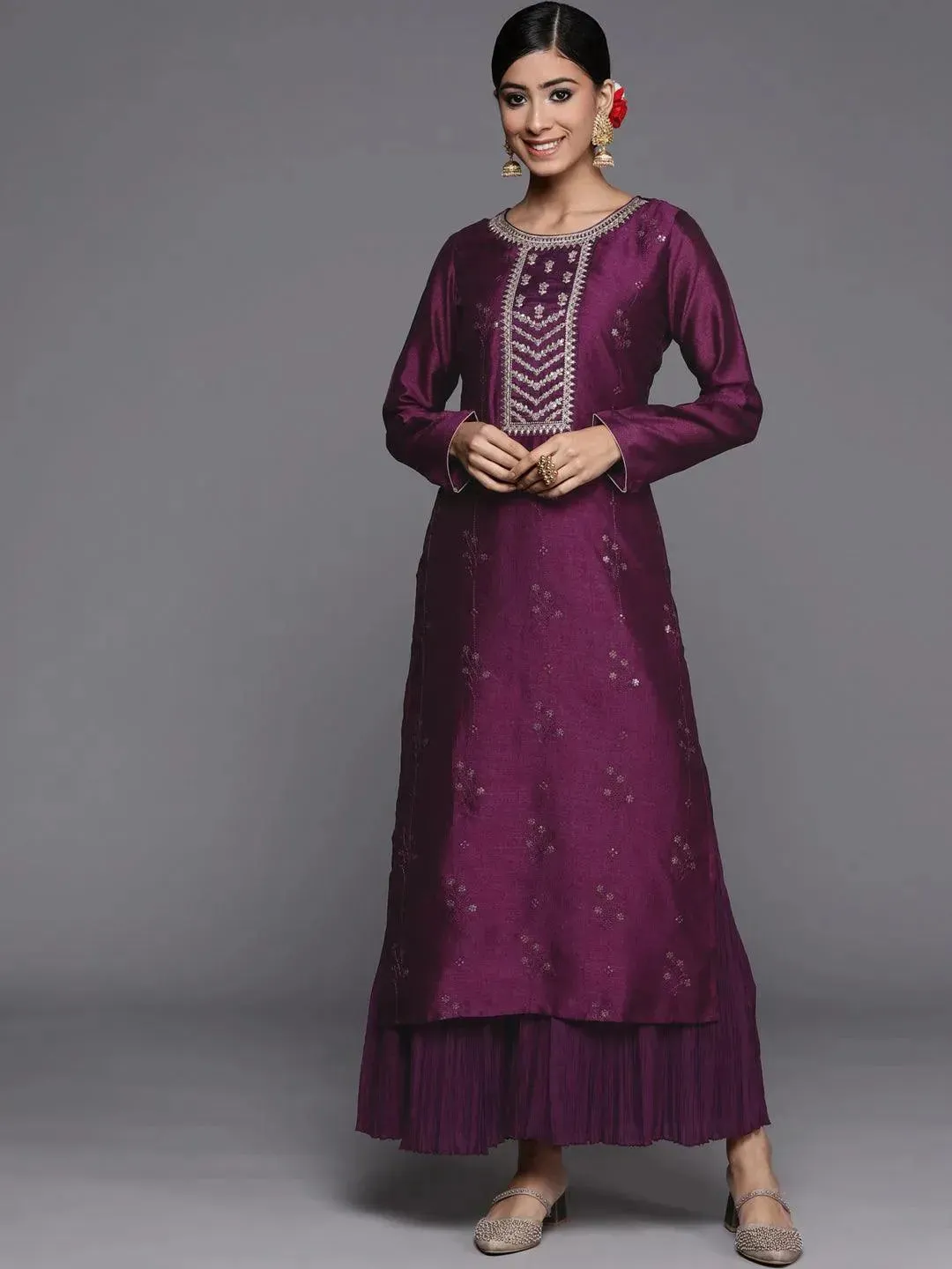 Purple Embroidered Silk Straight Kurta