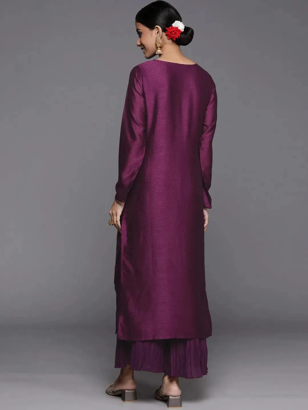 Purple Embroidered Silk Straight Kurta